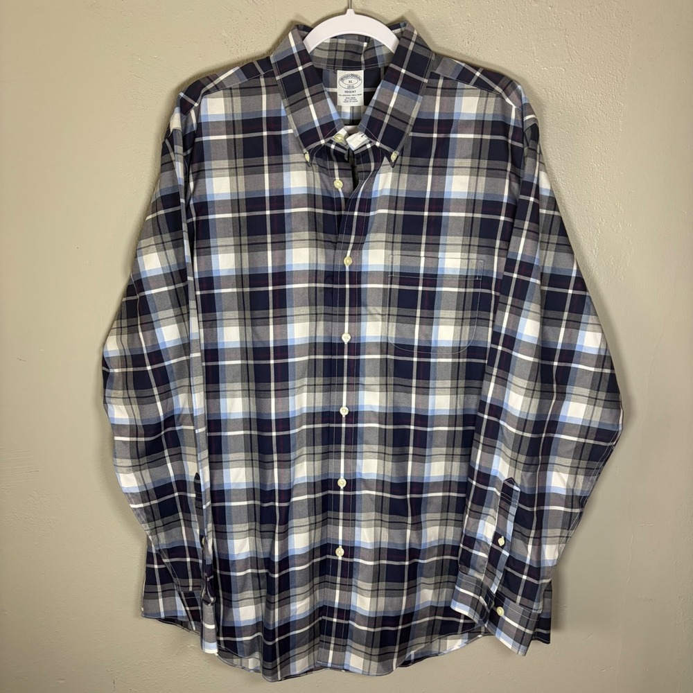 Brooks Brothers Regent Non-Iron Plaid Button Down Shirt Mens XL Navy Blue White